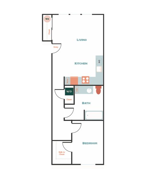 Floor plan for 1 bed, 1 bath, 725 sqft